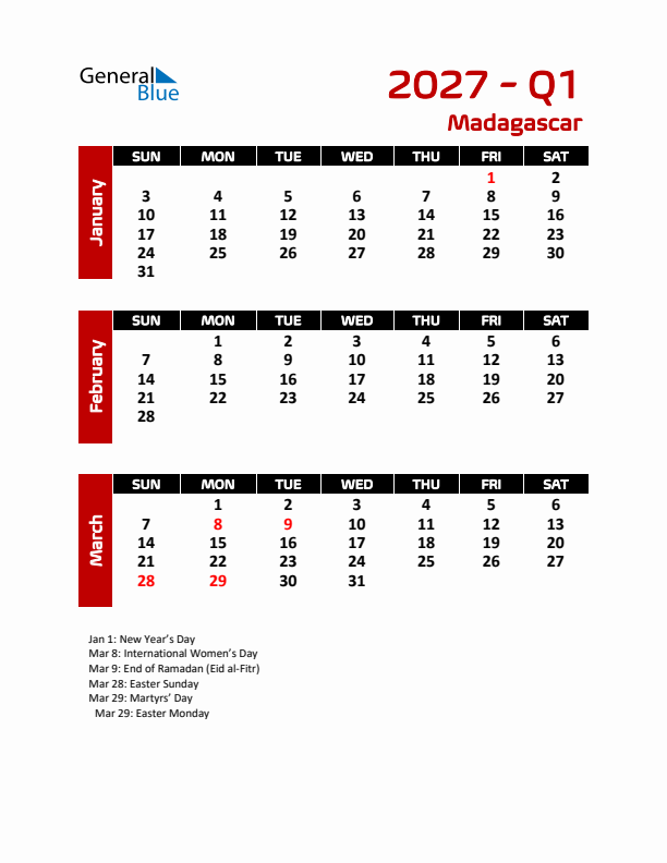 Q1 2027 Calendar with Holidays in Madagascar