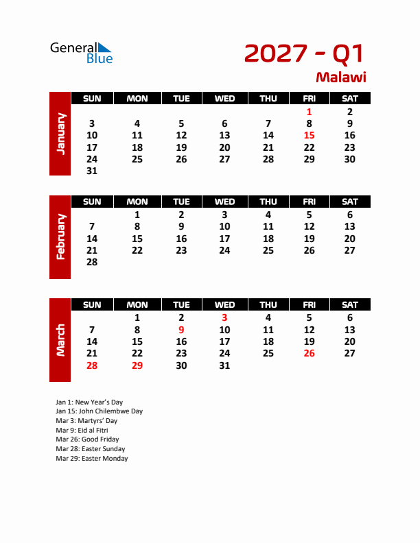 Q1 2027 Calendar with Holidays in Malawi