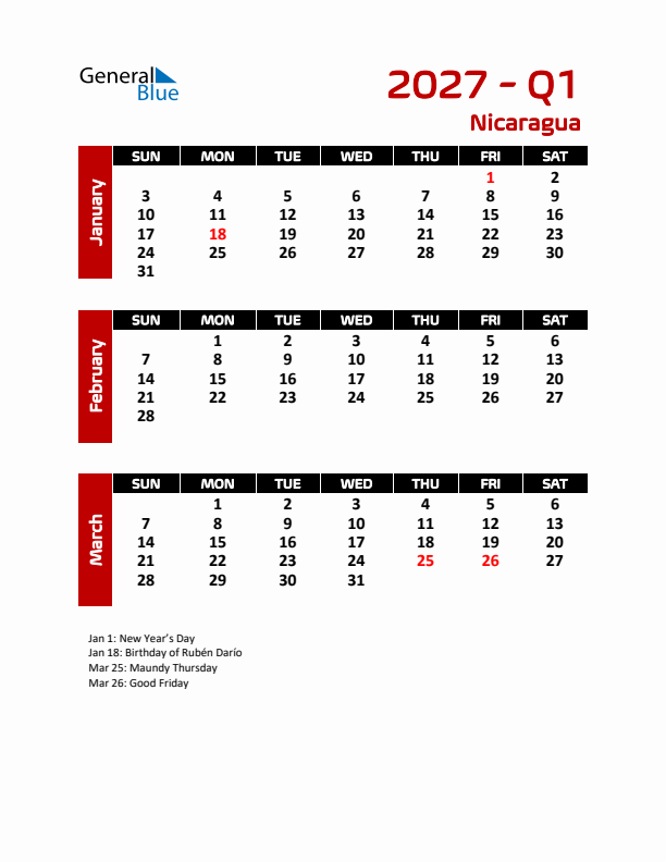 Q1 2027 Calendar with Holidays in Nicaragua