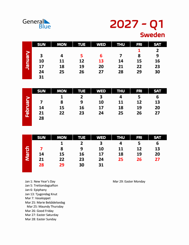 Q1 2027 Calendar with Holidays in Sweden