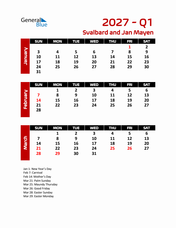 Q1 2027 Calendar with Holidays in Svalbard and Jan Mayen