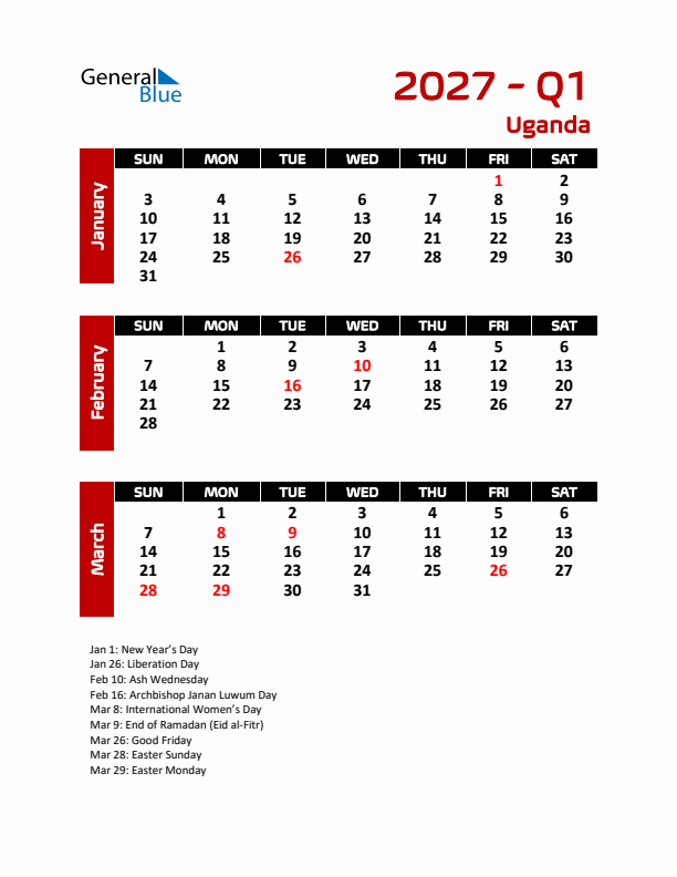 Q1 2027 Calendar with Holidays in Uganda