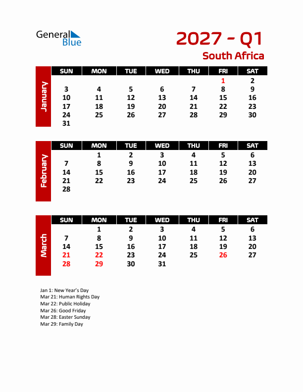 Q1 2027 Calendar with Holidays in South Africa