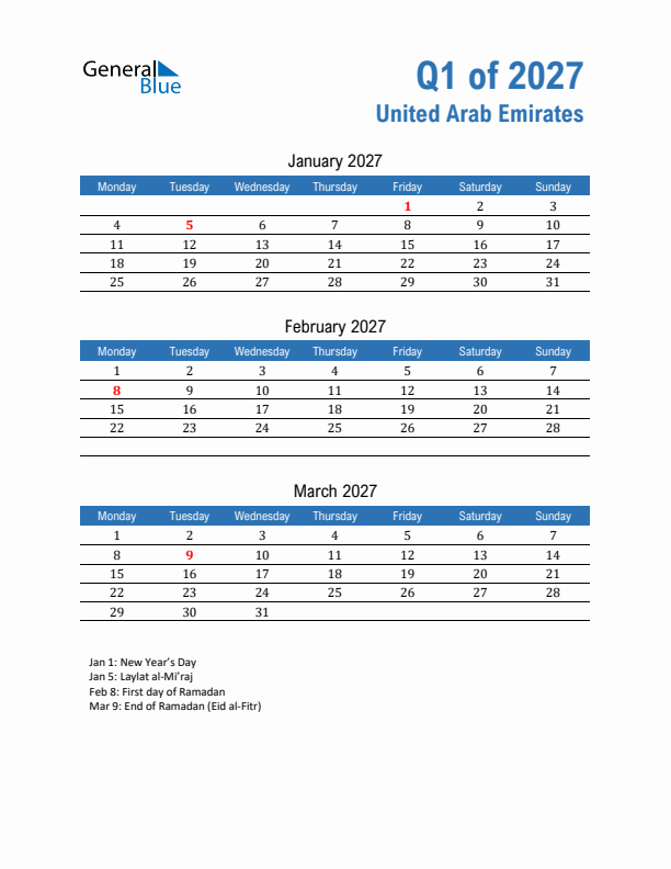 United Arab Emirates Q1 2027 Quarterly Calendar with Monday Start