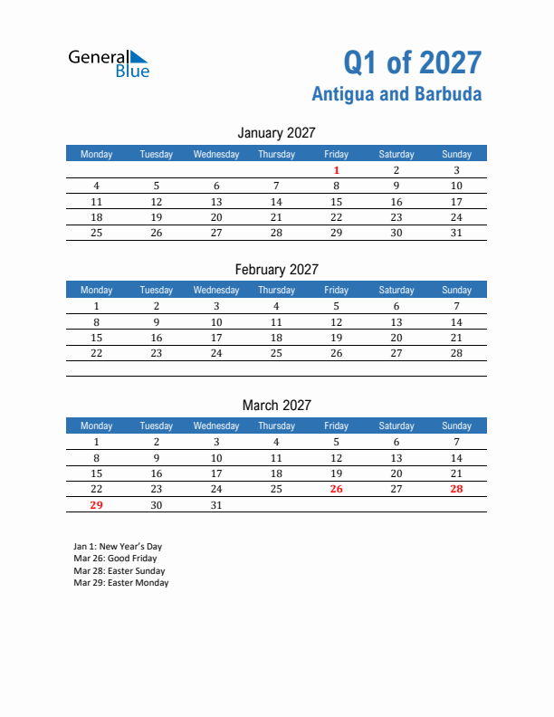 Antigua and Barbuda Q1 2027 Quarterly Calendar with Monday Start