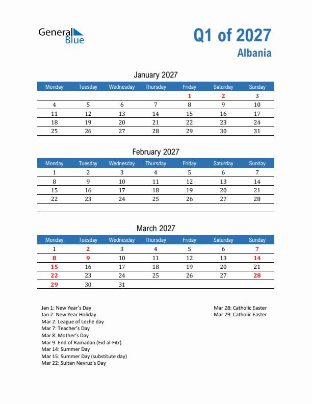 Albania Q1 2027 Quarterly Calendar with Monday Start