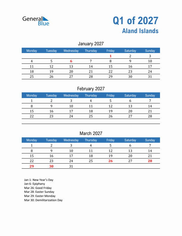 Aland Islands Q1 2027 Quarterly Calendar with Monday Start