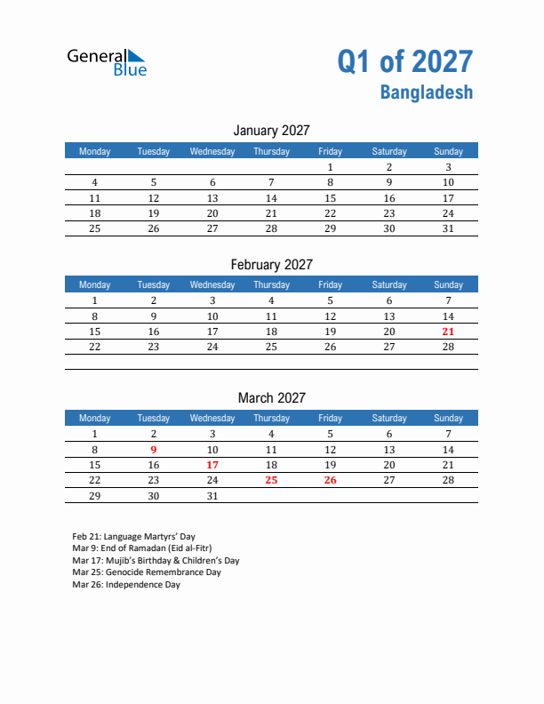 Bangladesh Q1 2027 Quarterly Calendar with Monday Start