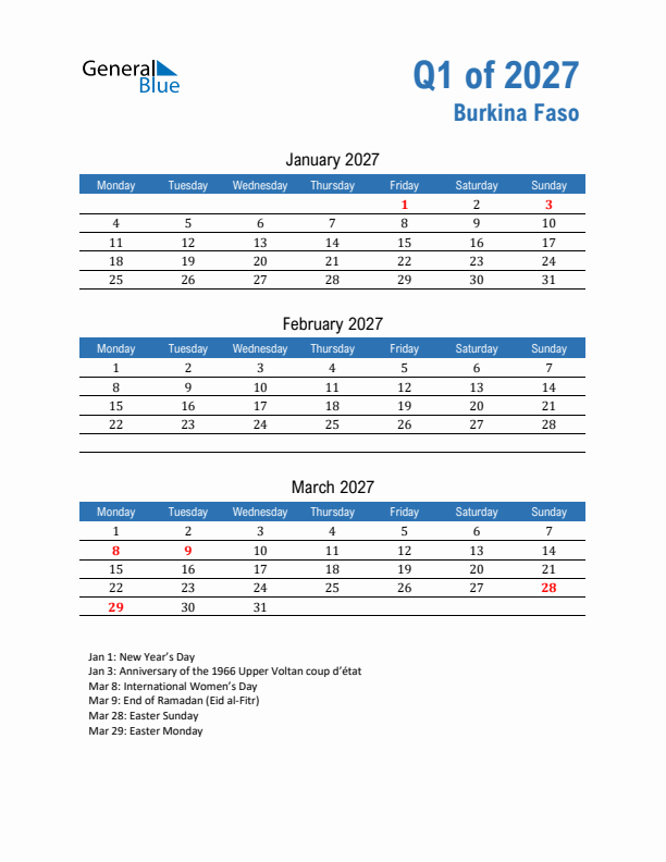 Burkina Faso Q1 2027 Quarterly Calendar with Monday Start