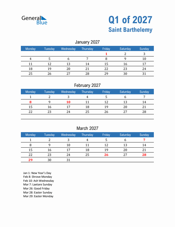 Saint Barthelemy Q1 2027 Quarterly Calendar with Monday Start