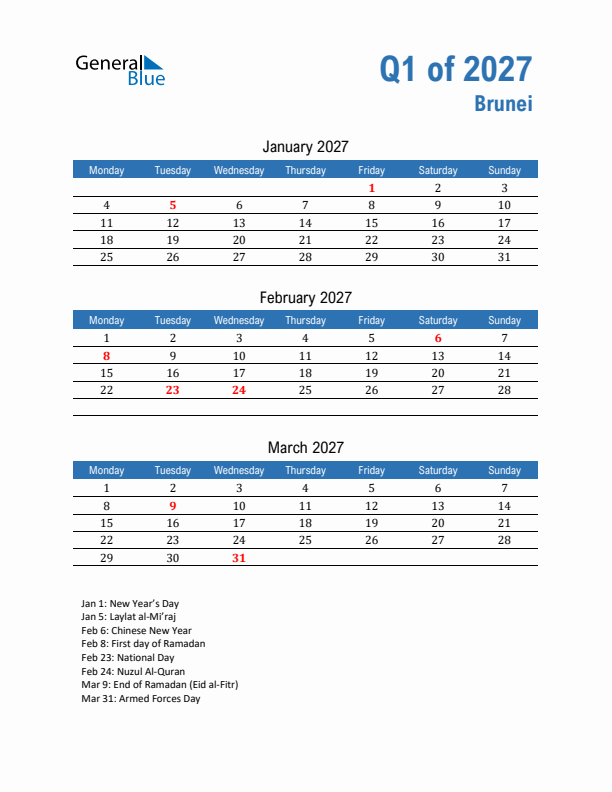 Brunei Q1 2027 Quarterly Calendar with Monday Start