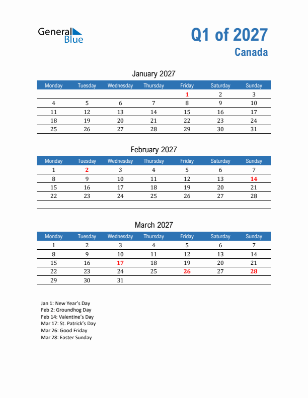 Canada Q1 2027 Quarterly Calendar with Monday Start