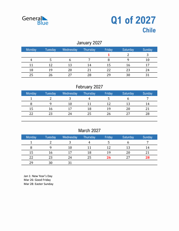 Chile Q1 2027 Quarterly Calendar with Monday Start