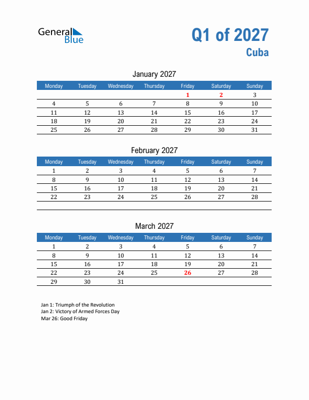 Cuba Q1 2027 Quarterly Calendar with Monday Start