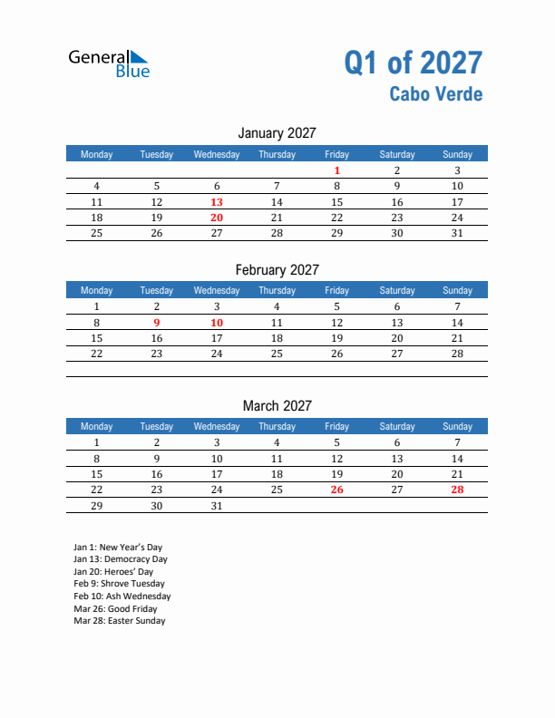 Cabo Verde Q1 2027 Quarterly Calendar with Monday Start