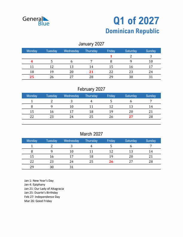 Dominican Republic Q1 2027 Quarterly Calendar with Monday Start