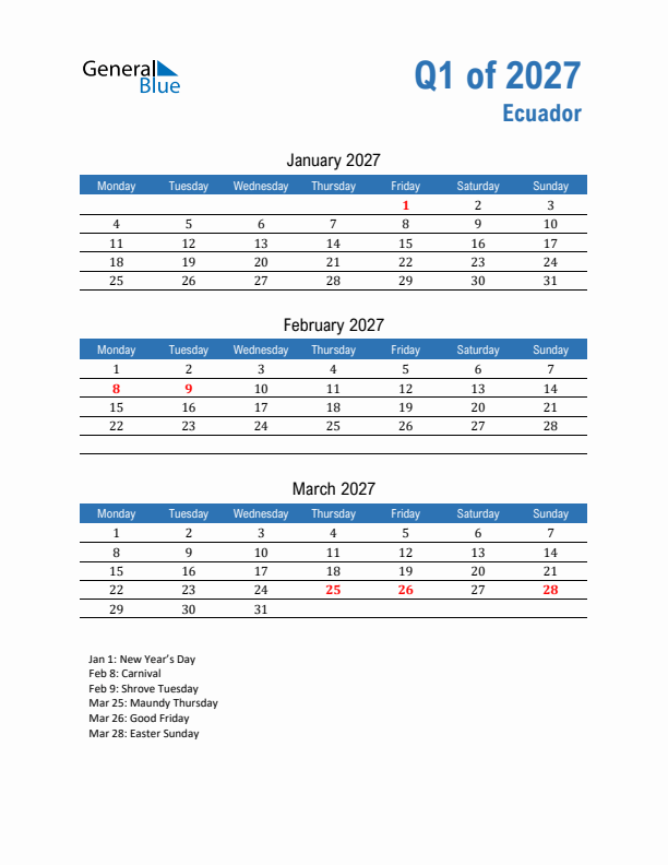 Ecuador Q1 2027 Quarterly Calendar with Monday Start