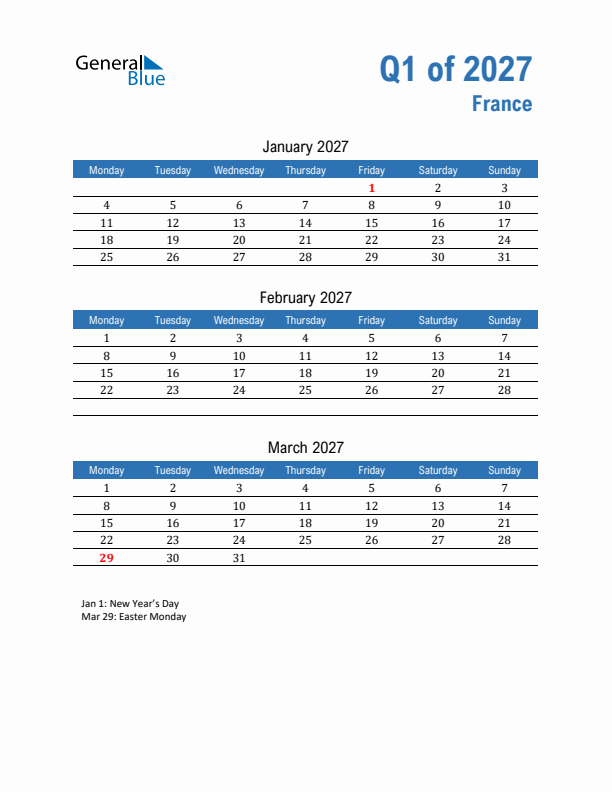 France Q1 2027 Quarterly Calendar with Monday Start