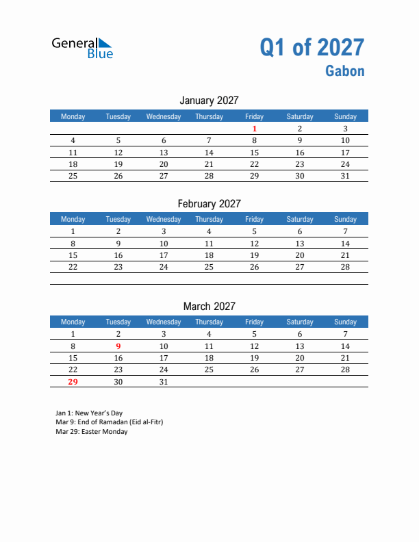 Gabon Q1 2027 Quarterly Calendar with Monday Start