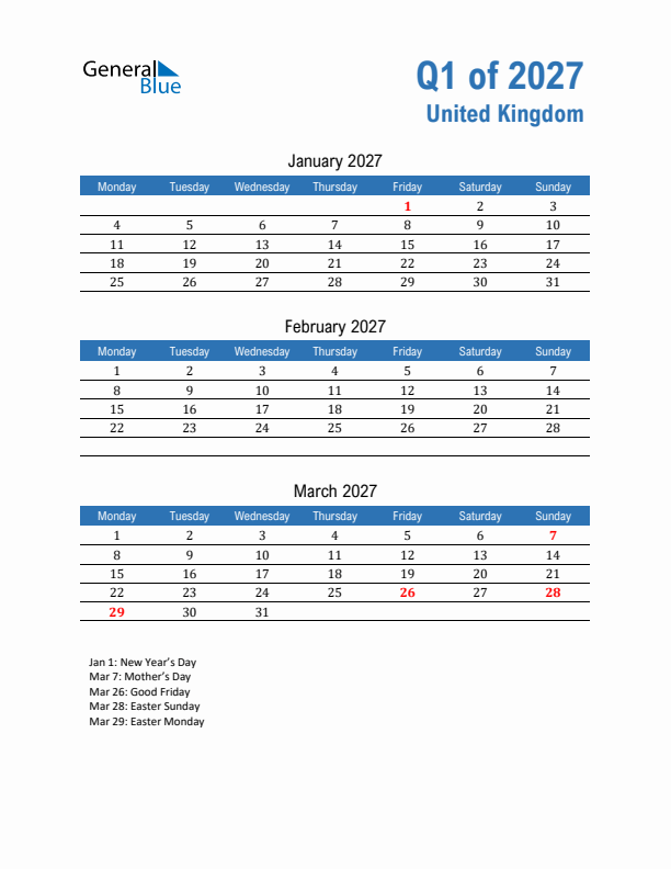 United Kingdom Q1 2027 Quarterly Calendar with Monday Start