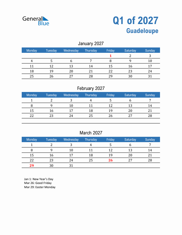 Guadeloupe Q1 2027 Quarterly Calendar with Monday Start