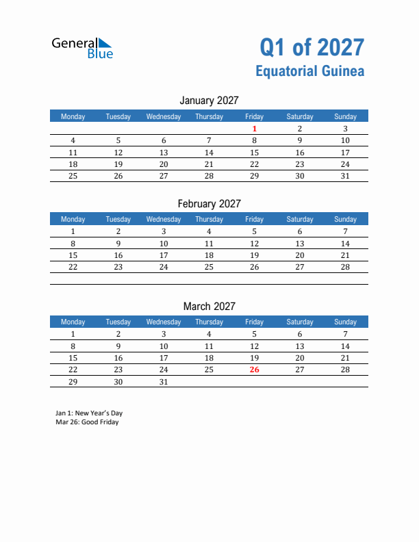 Equatorial Guinea Q1 2027 Quarterly Calendar with Monday Start