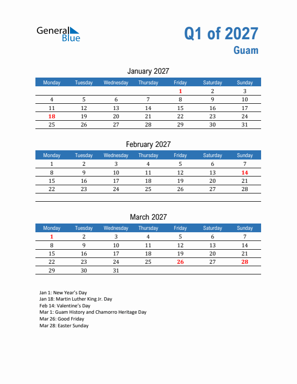 Guam Q1 2027 Quarterly Calendar with Monday Start