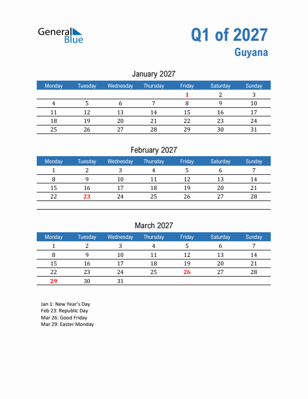 Guyana Q1 2027 Quarterly Calendar with Monday Start