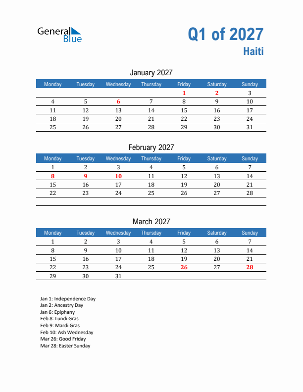 Haiti Q1 2027 Quarterly Calendar with Monday Start