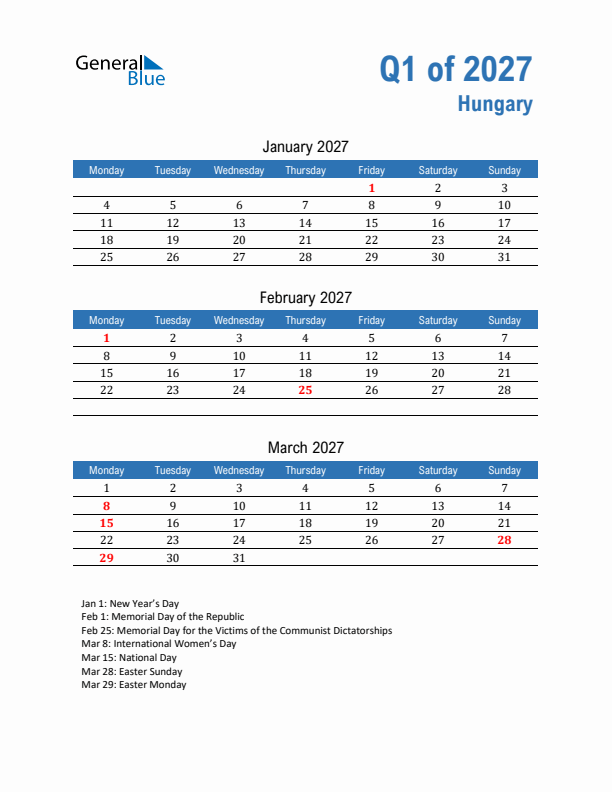 Hungary Q1 2027 Quarterly Calendar with Monday Start