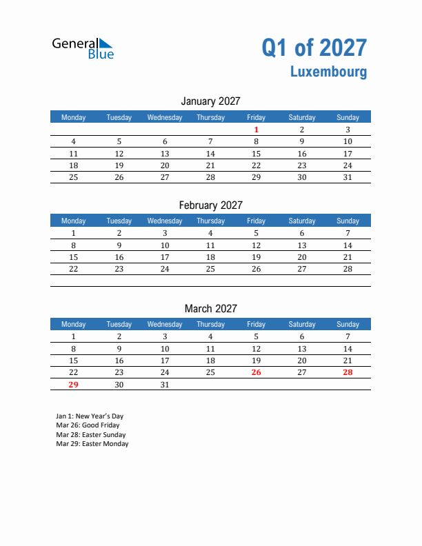 Luxembourg Q1 2027 Quarterly Calendar with Monday Start