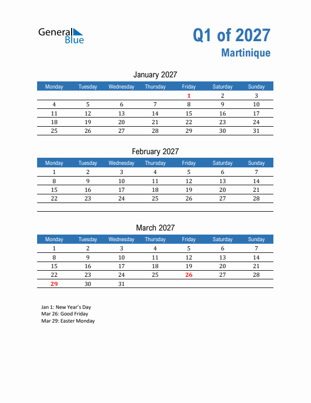 Martinique Q1 2027 Quarterly Calendar with Monday Start