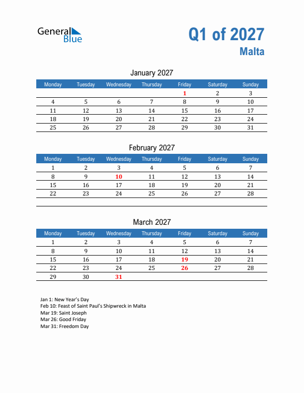 Malta Q1 2027 Quarterly Calendar with Monday Start