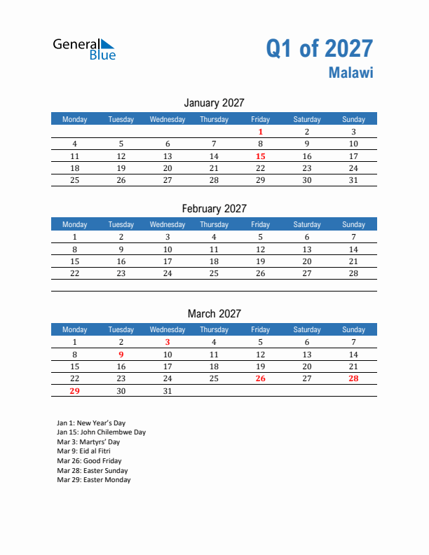 Malawi Q1 2027 Quarterly Calendar with Monday Start