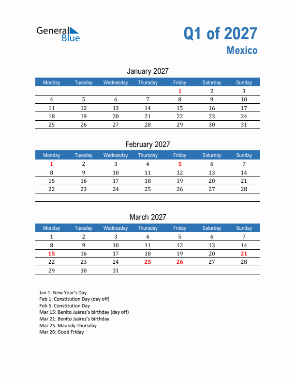 Mexico Q1 2027 Quarterly Calendar with Monday Start