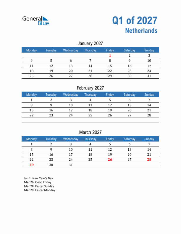 The Netherlands Q1 2027 Quarterly Calendar with Monday Start