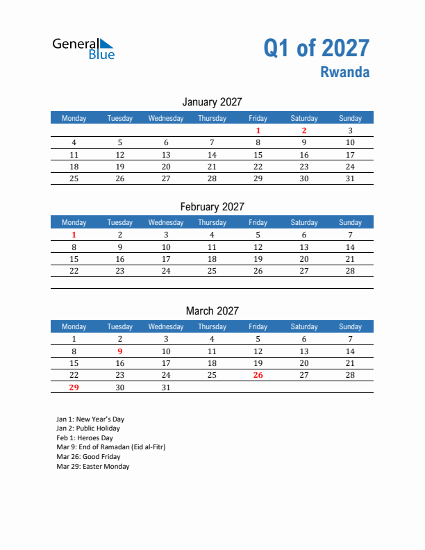 Rwanda Q1 2027 Quarterly Calendar with Monday Start