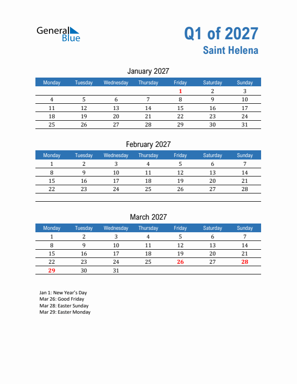 Saint Helena Q1 2027 Quarterly Calendar with Monday Start