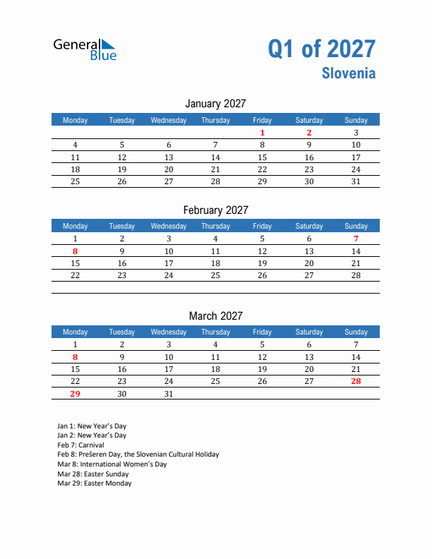 Slovenia Q1 2027 Quarterly Calendar with Monday Start