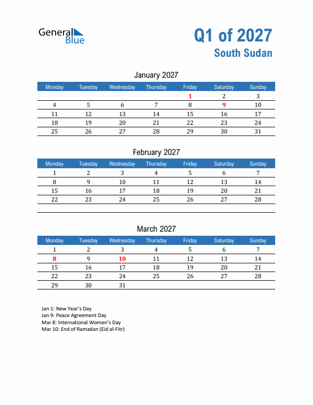 South Sudan Q1 2027 Quarterly Calendar with Monday Start