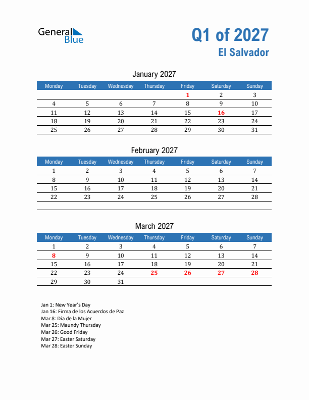 El Salvador Q1 2027 Quarterly Calendar with Monday Start