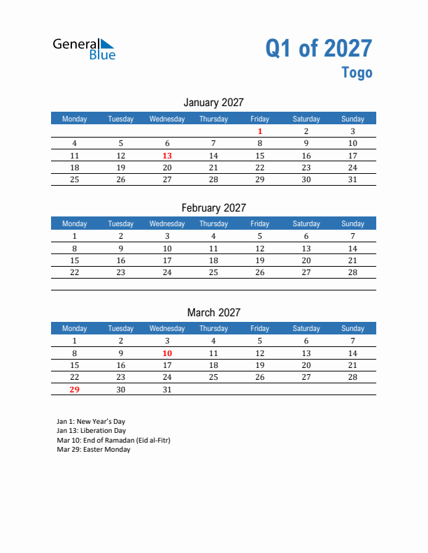 Togo Q1 2027 Quarterly Calendar with Monday Start