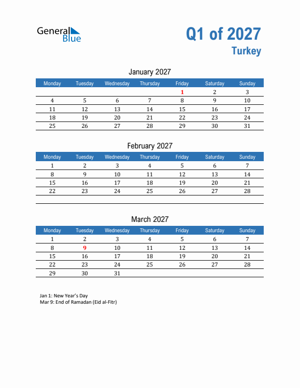 Turkey Q1 2027 Quarterly Calendar with Monday Start