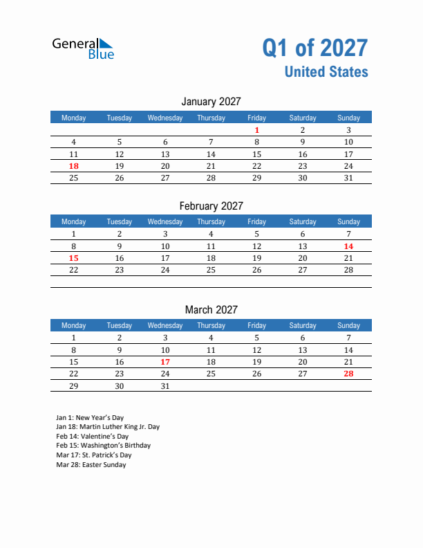 United States Q1 2027 Quarterly Calendar with Monday Start