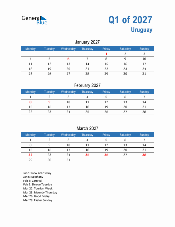 Uruguay Q1 2027 Quarterly Calendar with Monday Start