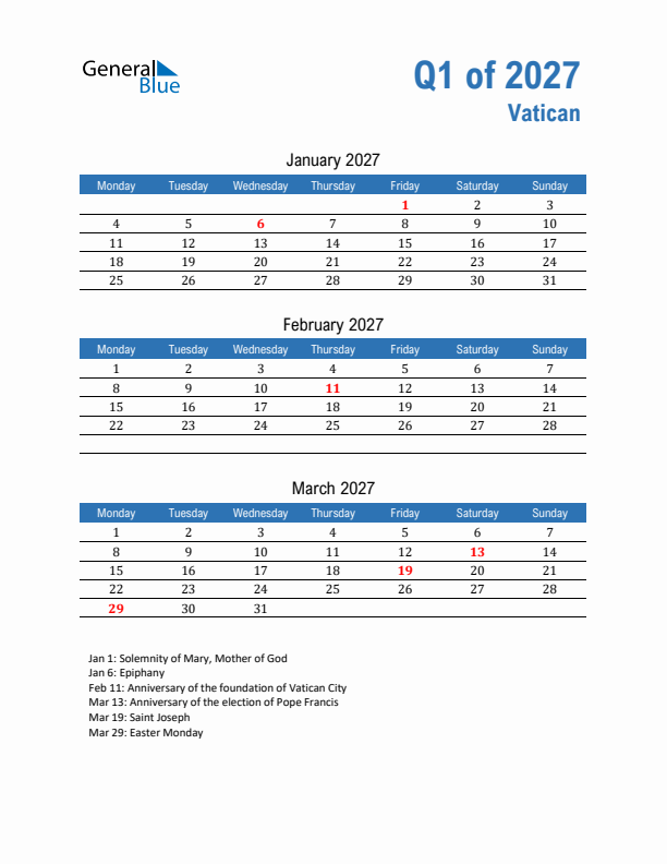 Vatican Q1 2027 Quarterly Calendar with Monday Start