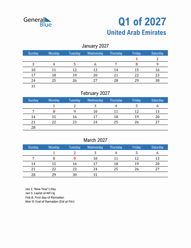 United Arab Emirates Q1 2027 Quarterly Calendar with Sunday Start