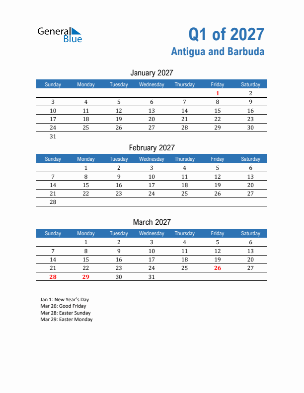 Antigua and Barbuda Q1 2027 Quarterly Calendar with Sunday Start