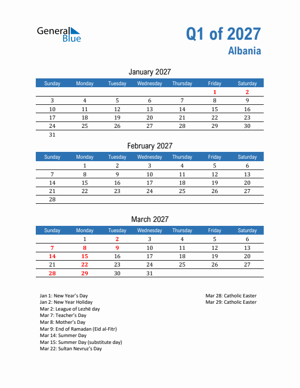 Albania Q1 2027 Quarterly Calendar with Sunday Start