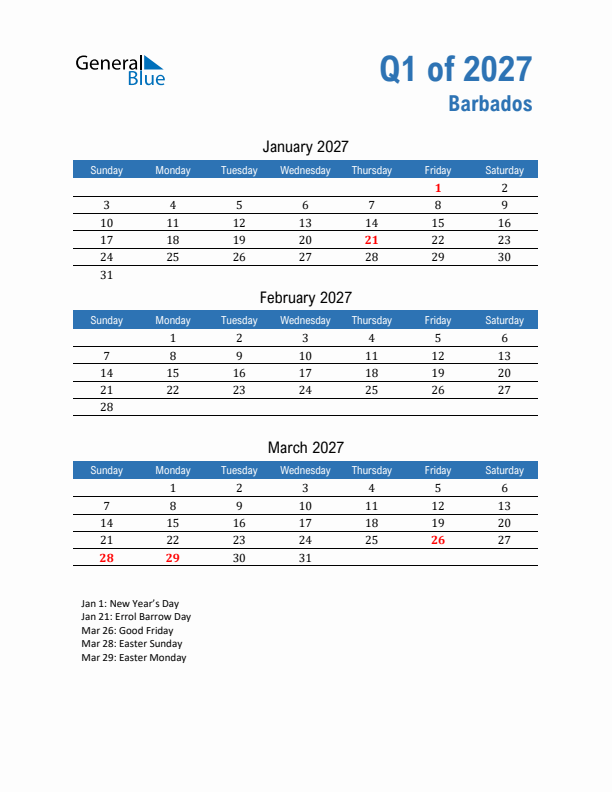 Barbados Q1 2027 Quarterly Calendar with Sunday Start